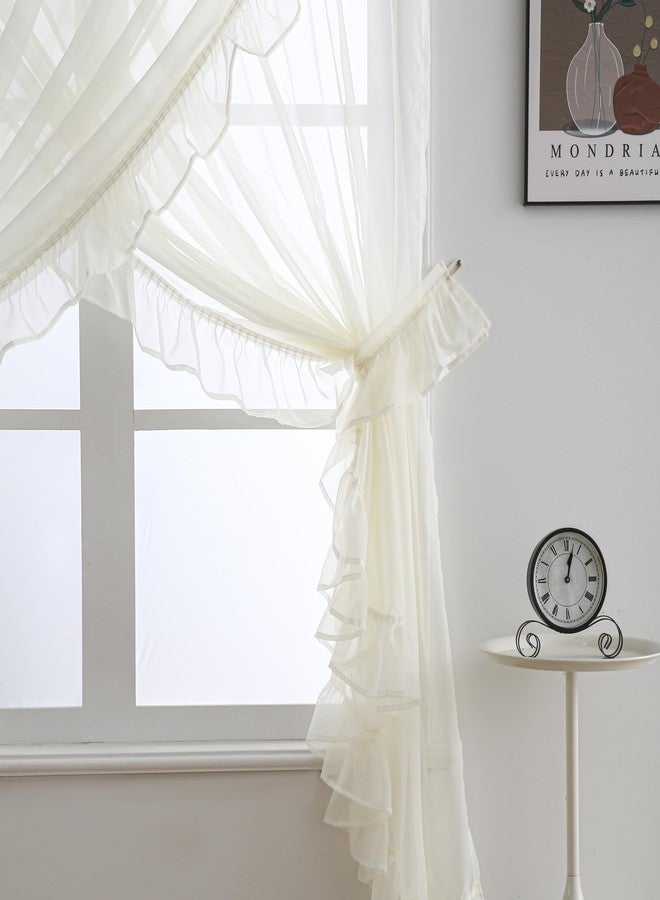 Seibeh Tex Shabby Chic Double Layer Sheer Ruffled Priscilla Rod Pocket Window Curtain Panel with Tiebacks Beige，100" W x 84" L - Image 3